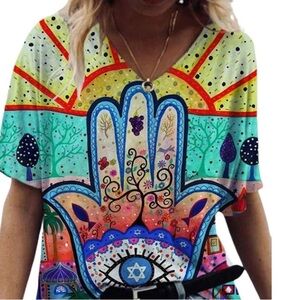 Hamsaa T-Shirt size large colorful scoop neck hamsa tee shirt stretch